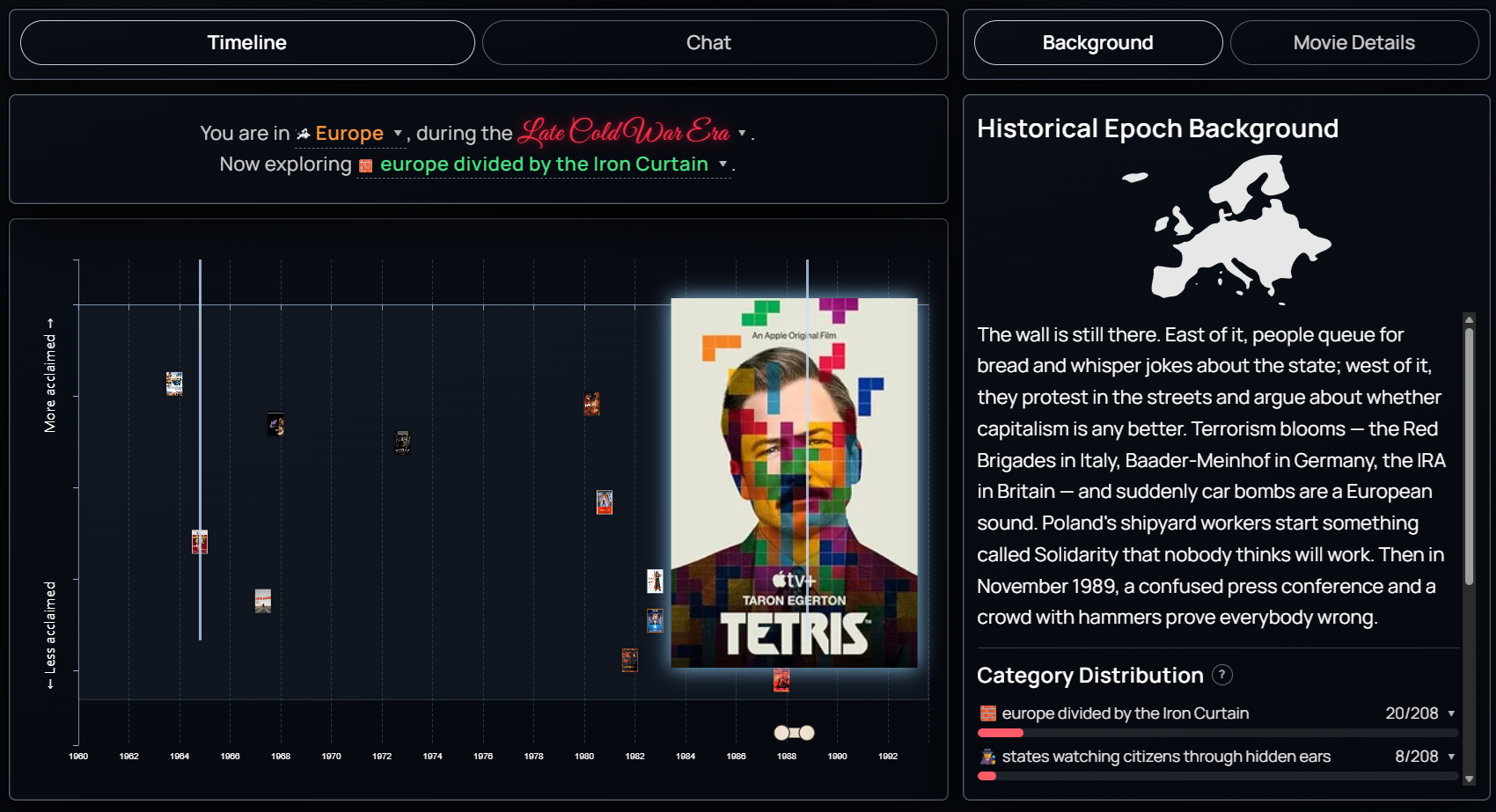 Category cards describing the world state inside movies.